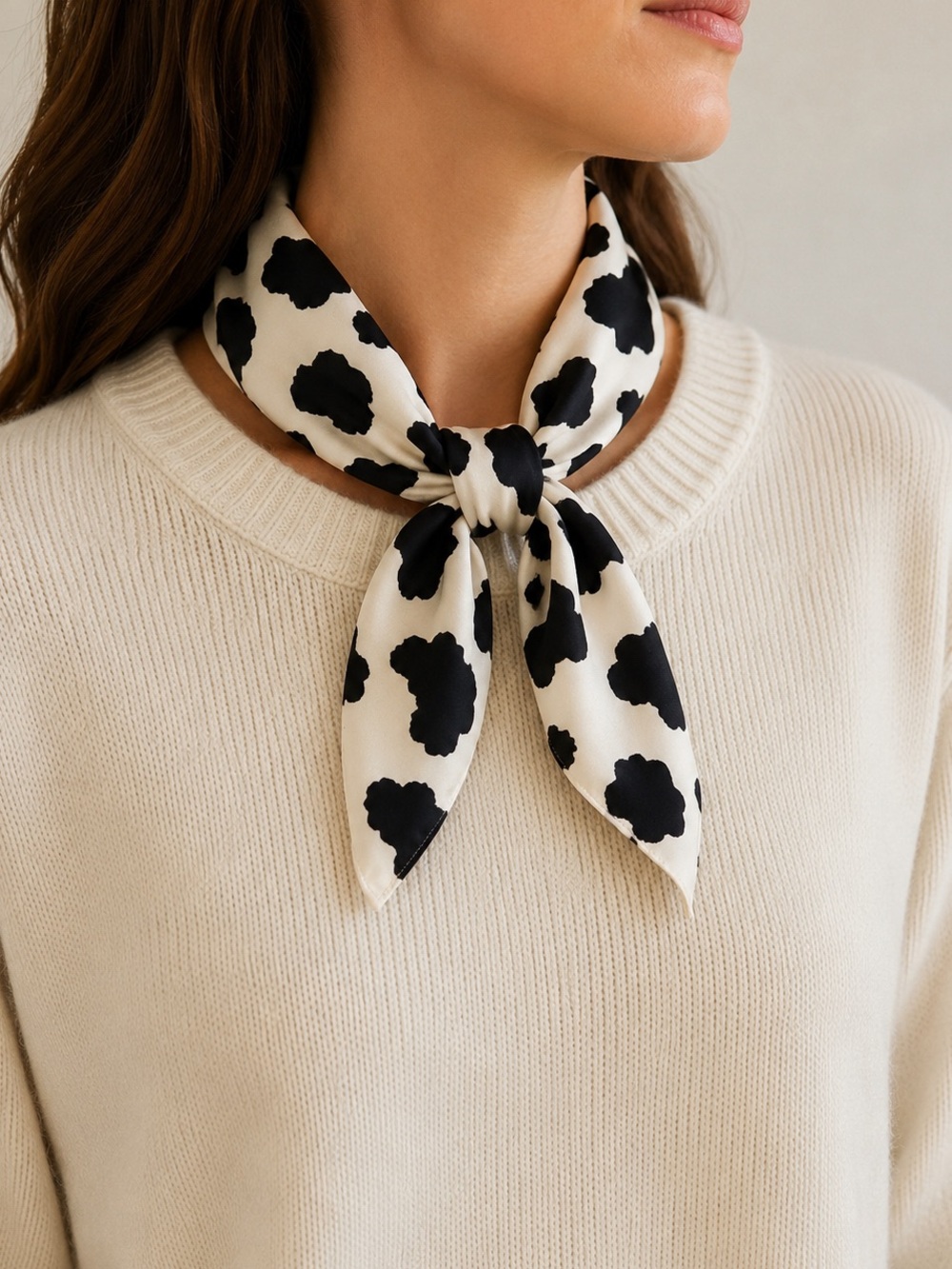 Casca Small SCARF Cream & Black Cow Print Silk Scarf 100% Silk Square